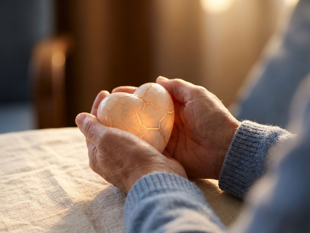 Handen die een gebarsten hart-vormig object vasthouden dat gouden licht uitstraalt, symboliseert genezing en hoop