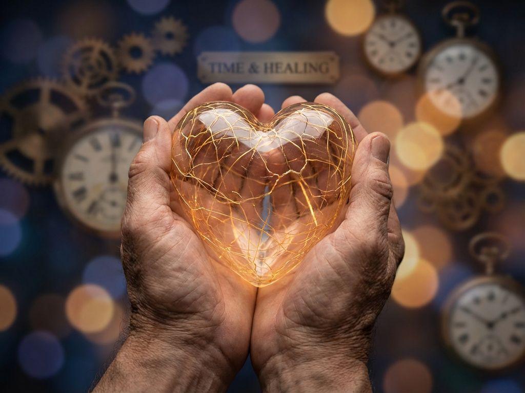 Handen houden gebarsten glazen hart met gouden licht, symboliseert genezing en herstel in de gezondheidszorg