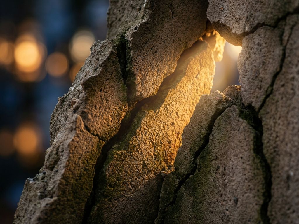 Verweerde betonnen oppervlak met diepe scheuren waar warm gouden licht doorheen breekt, symboliseert trauma verwerking