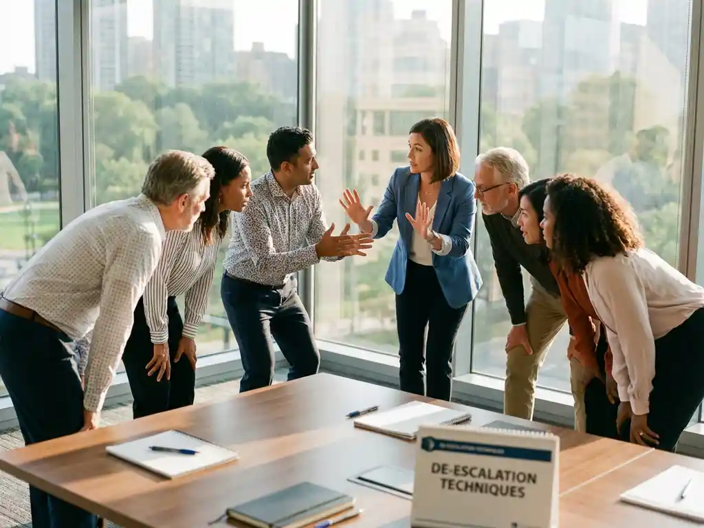 Diverse professionals in aggression management training, participant demonstrating de-escalation hand gestures in corporate room