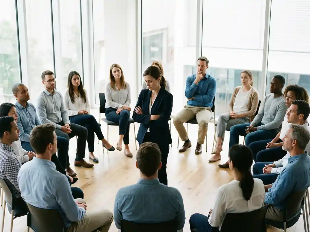 defensive-training-workshop-group-session.jpg Diverse groep volwassenen in cirkel tijdens training, één persoon demonstreert verdedigende lichaamstaal in moderne conferentieruimte