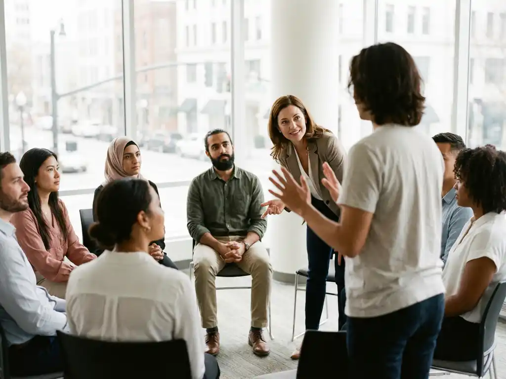 Diverse kantoormedewerkers oefenen de-escalatietechnieken tijdens professionele training in moderne vergaderruimte