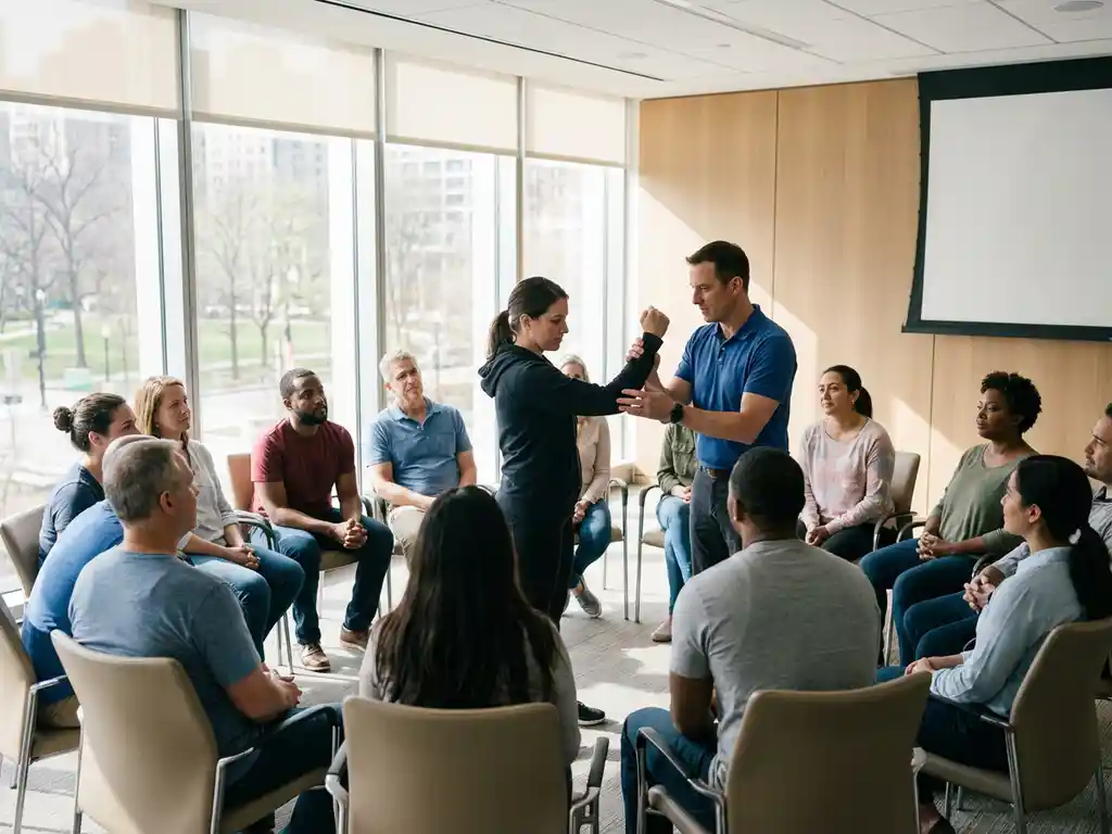 zelfverdediging-training-groep-volwassenen-cursus.jpg Diverse groep volwassenen in cirkel tijdens defensieve houdingstraining, begeleider instrueert in moderne conferentieruimte