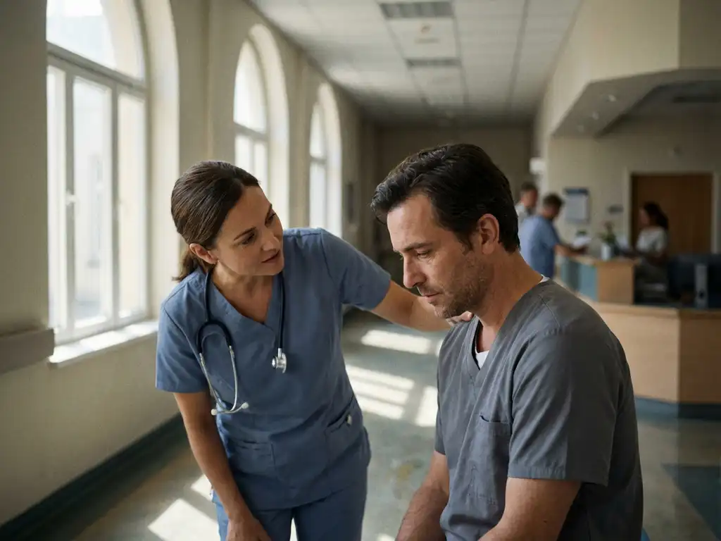 zorgverlener-steun-collega-ziekenhuis-empathie.jpg Zorgverlener legt ondersteunende hand op schouder van collega in ziekenhuisgang, beide dragen scrubs